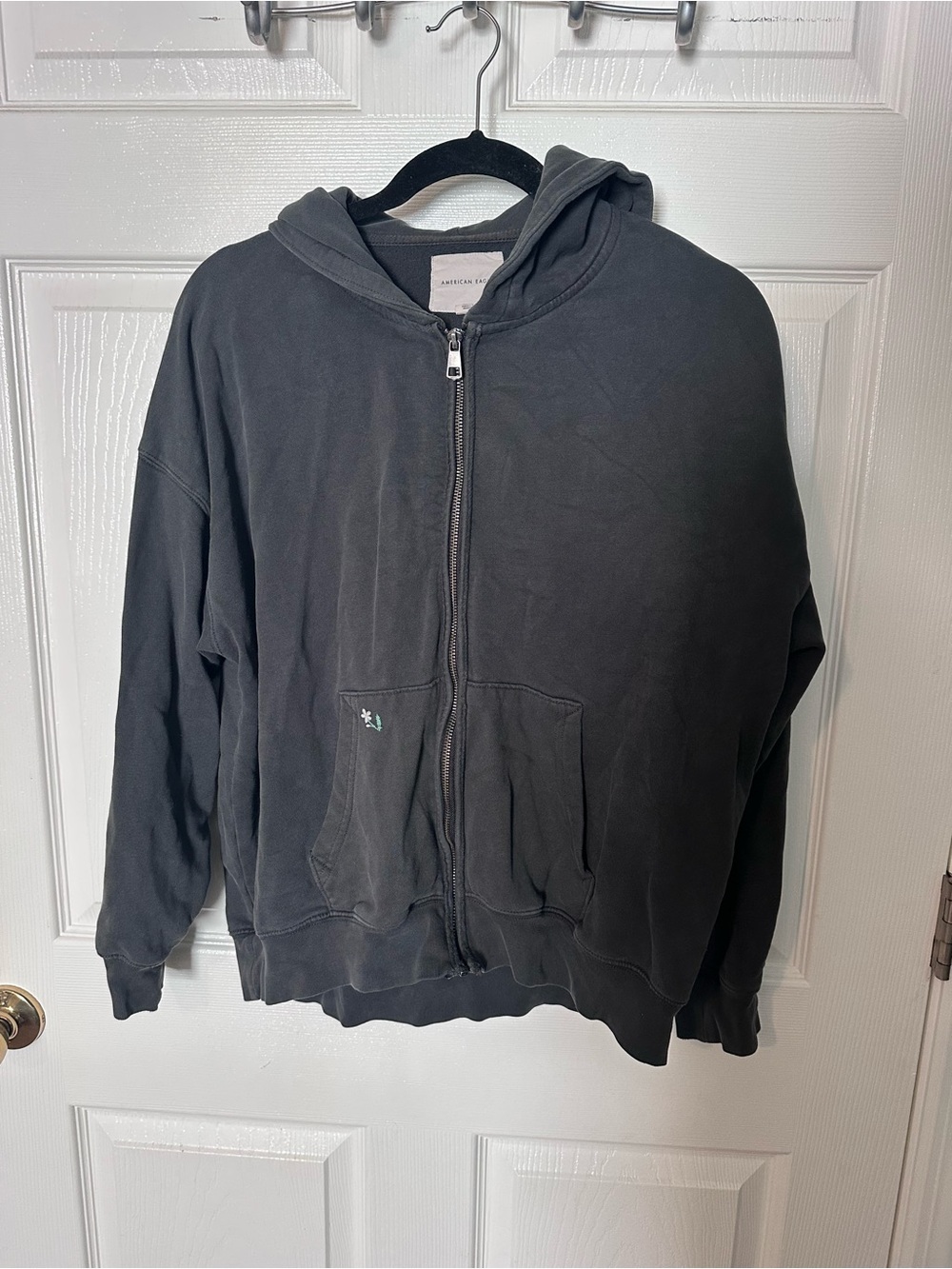 American Eagle Outfitters Charcoal Full-Zip Hoodie with Flower Embroidery